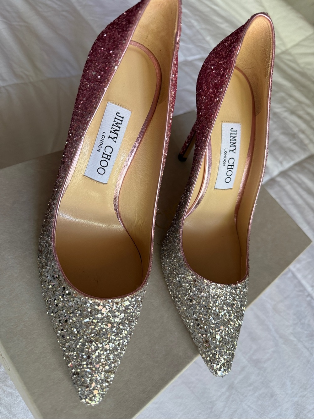 Jimmy Choo Romy 100 Platinum/Flamingo Glitter Pumps–Size 38